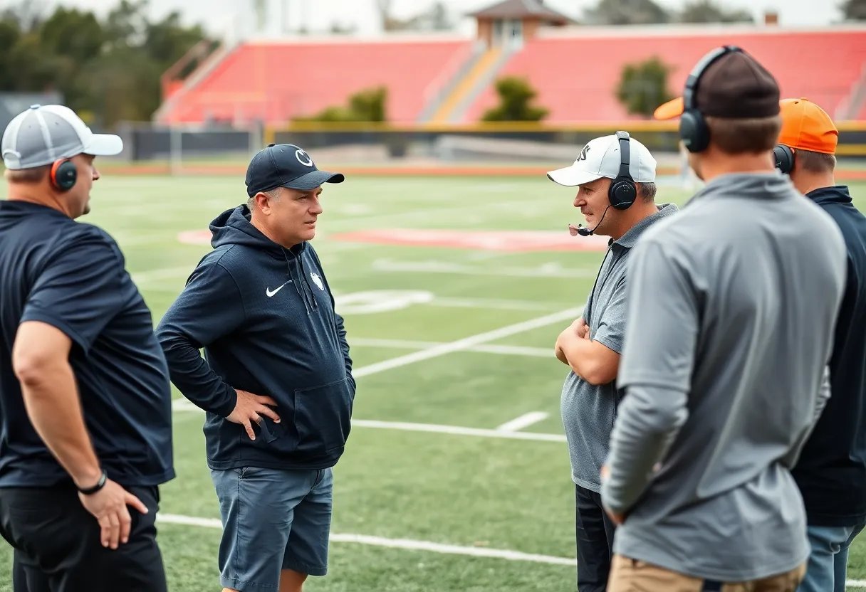 High school football coaches in North Carolina collaborating on the field.