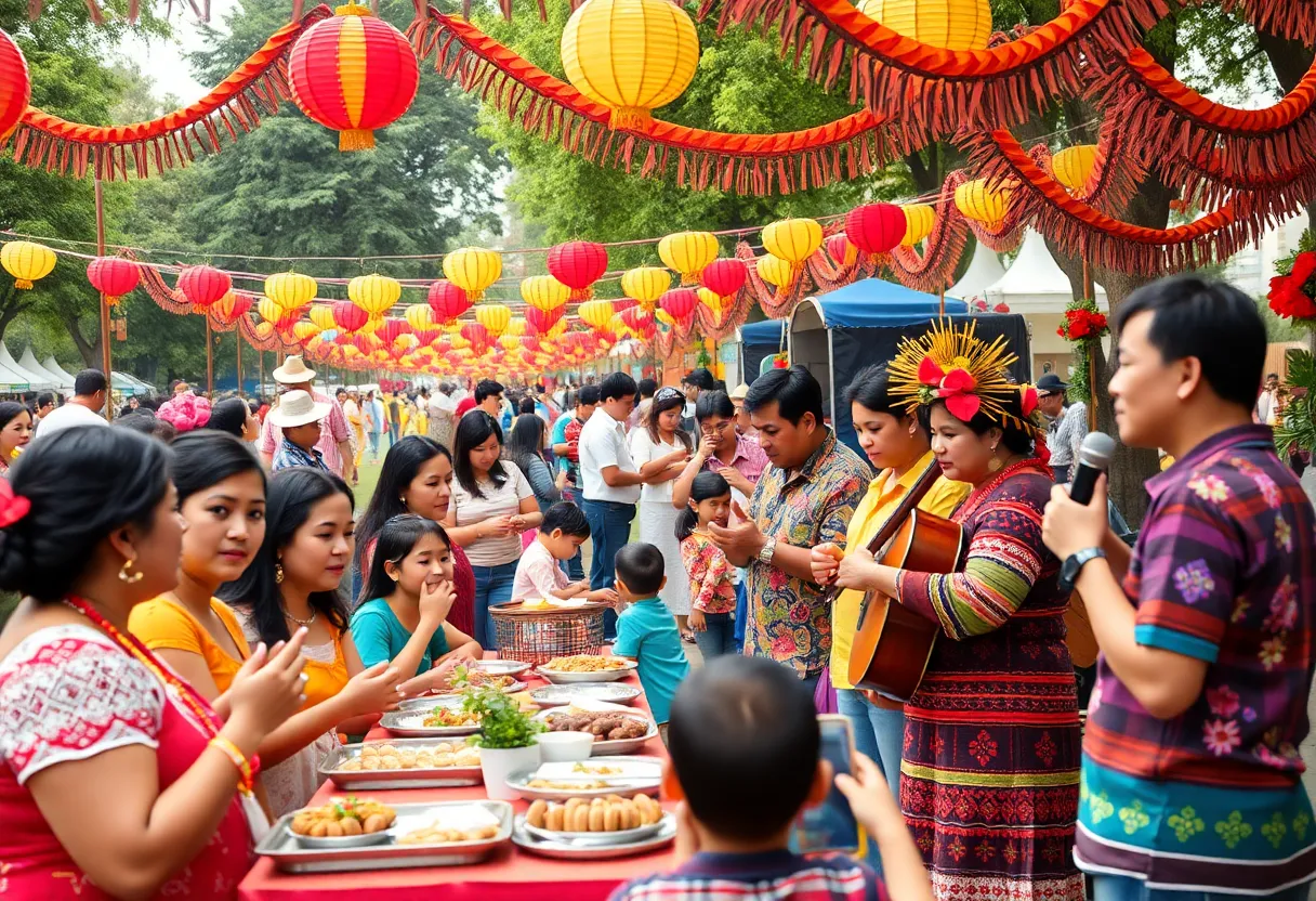 Families celebrating at a Hispanic Heritage Festival with decorations and cultural displays.