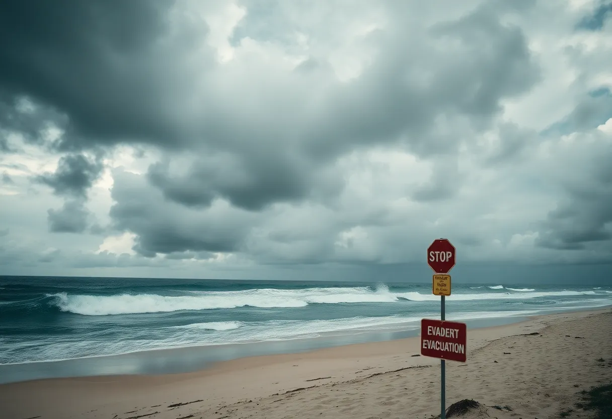 Beach scene depicting danger from approaching Hurricane Erin