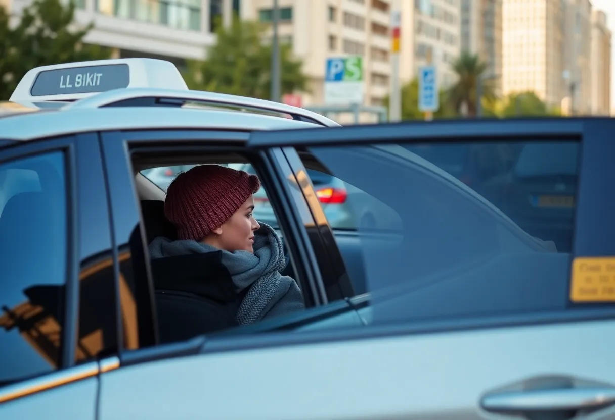 Ride-sharing vehicle with a concerned passenger getting in.