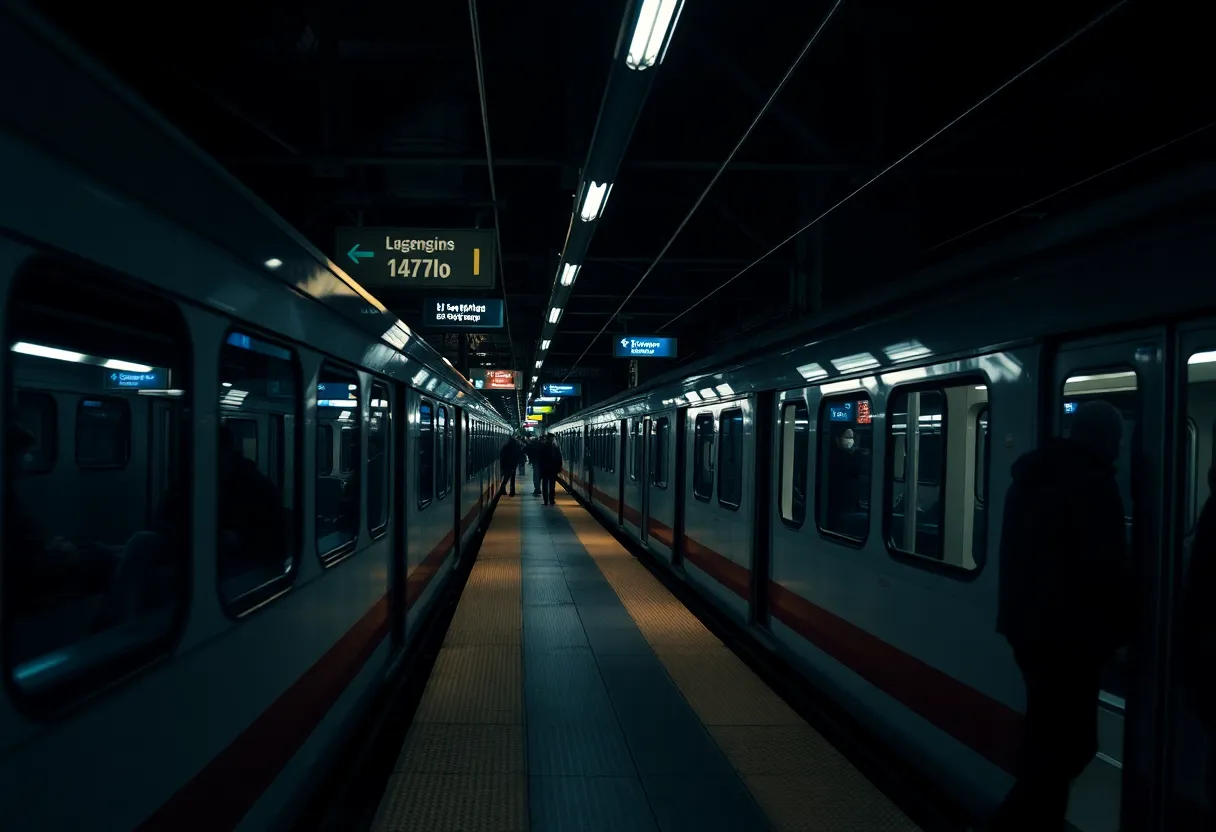 Night view of Lynx Blue Line light rail station in Charlotte, showcasing empty platforms and dim lighting.