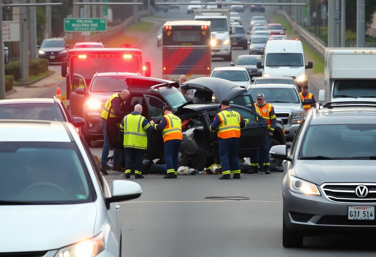Scene of a multi-vehicle crash on Independence Boulevard with emergency responders