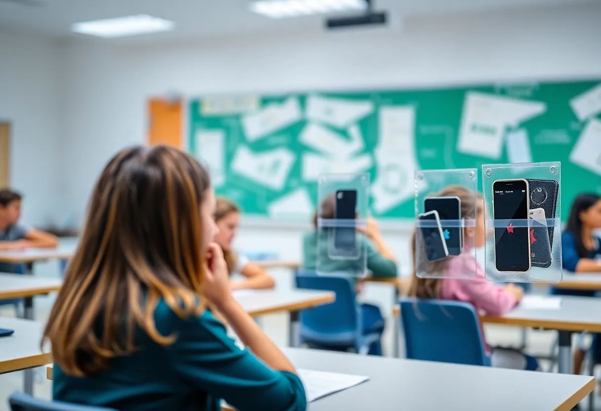 Classroom with cellphone storage pockets for students