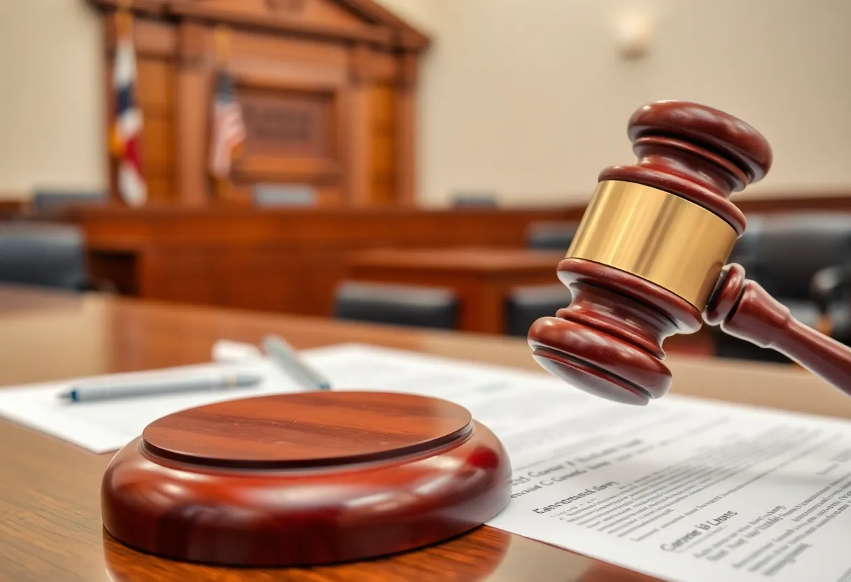 Image of a courtroom setting with a gavel and legal documents