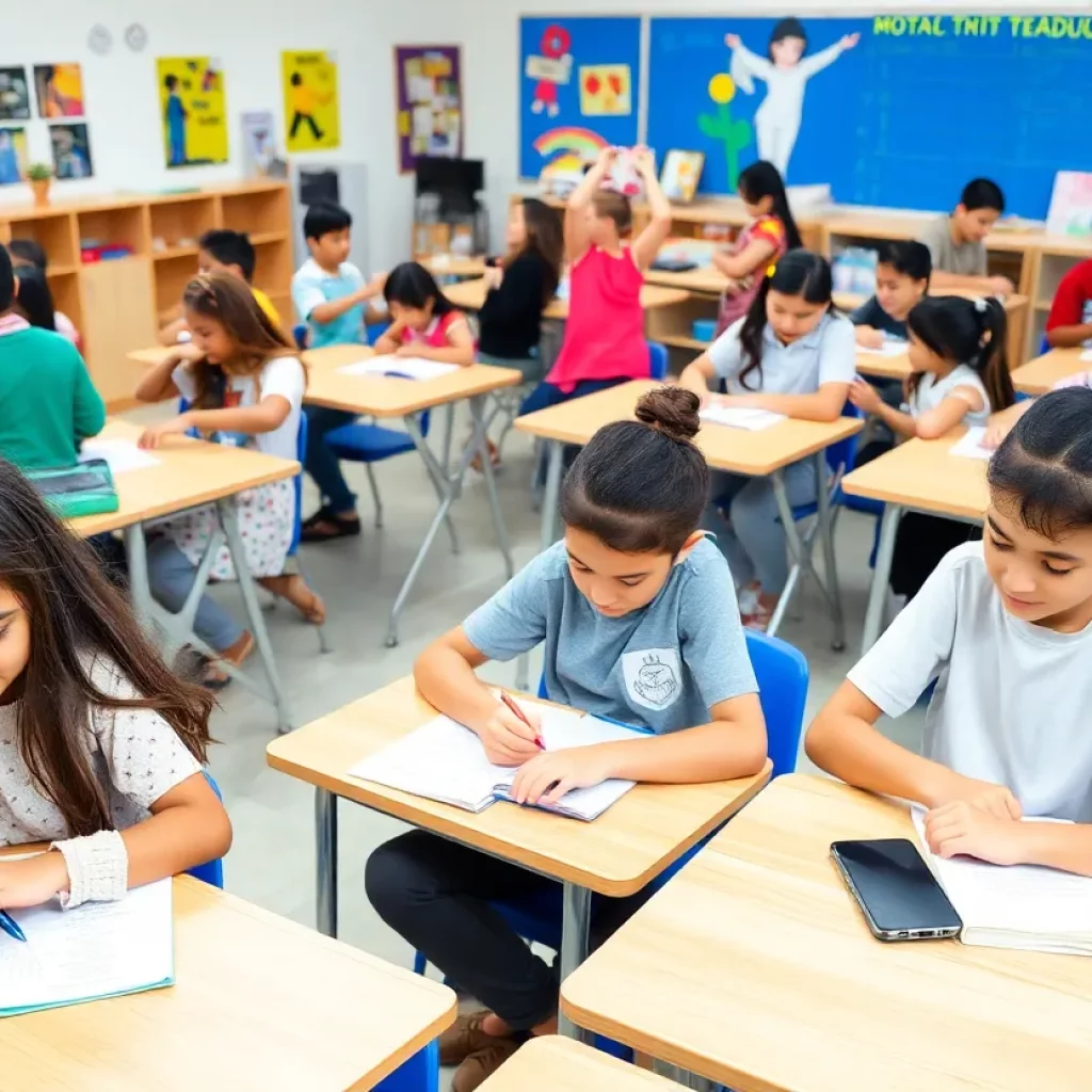 Students participating in arts education activities in a classroom.