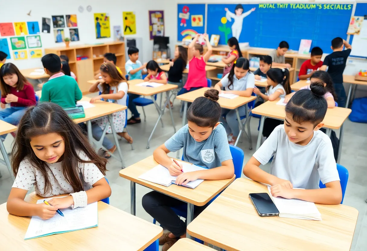 Students participating in arts education activities in a classroom.