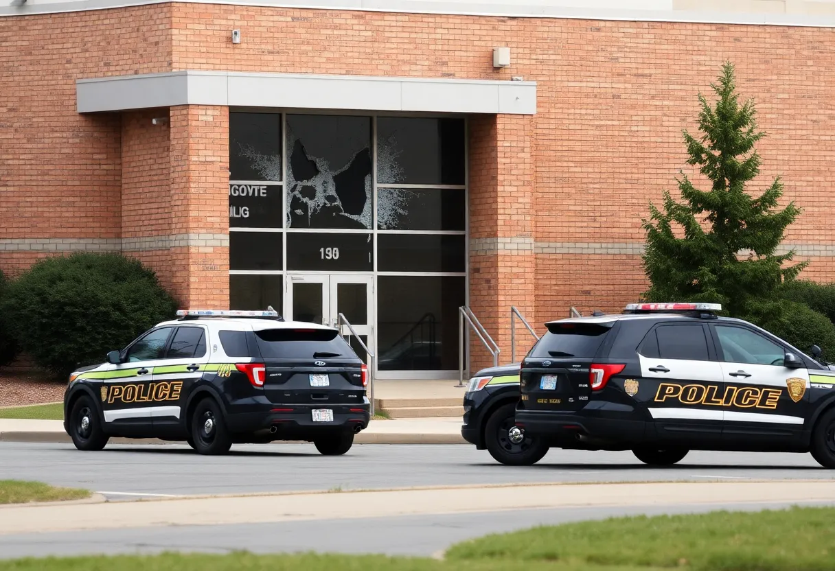 Exterior view of Palisades High School with a shattered window