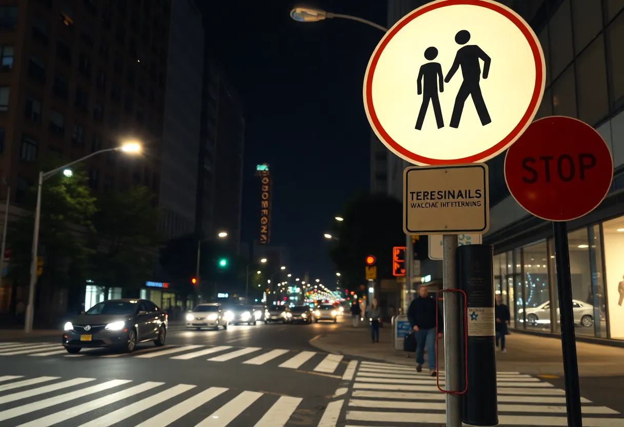 Illuminated crosswalk in a busy urban street