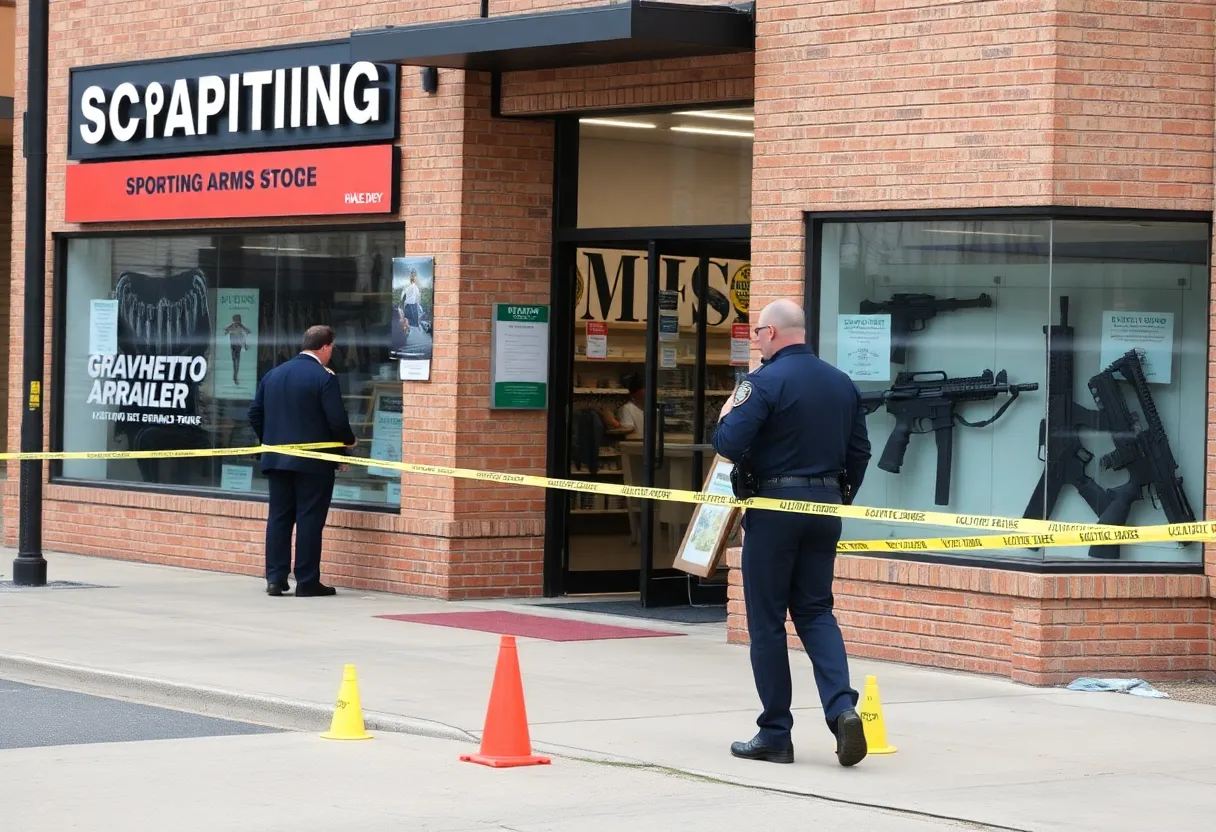 Police officers investigating a firearm theft at a sporting goods store.