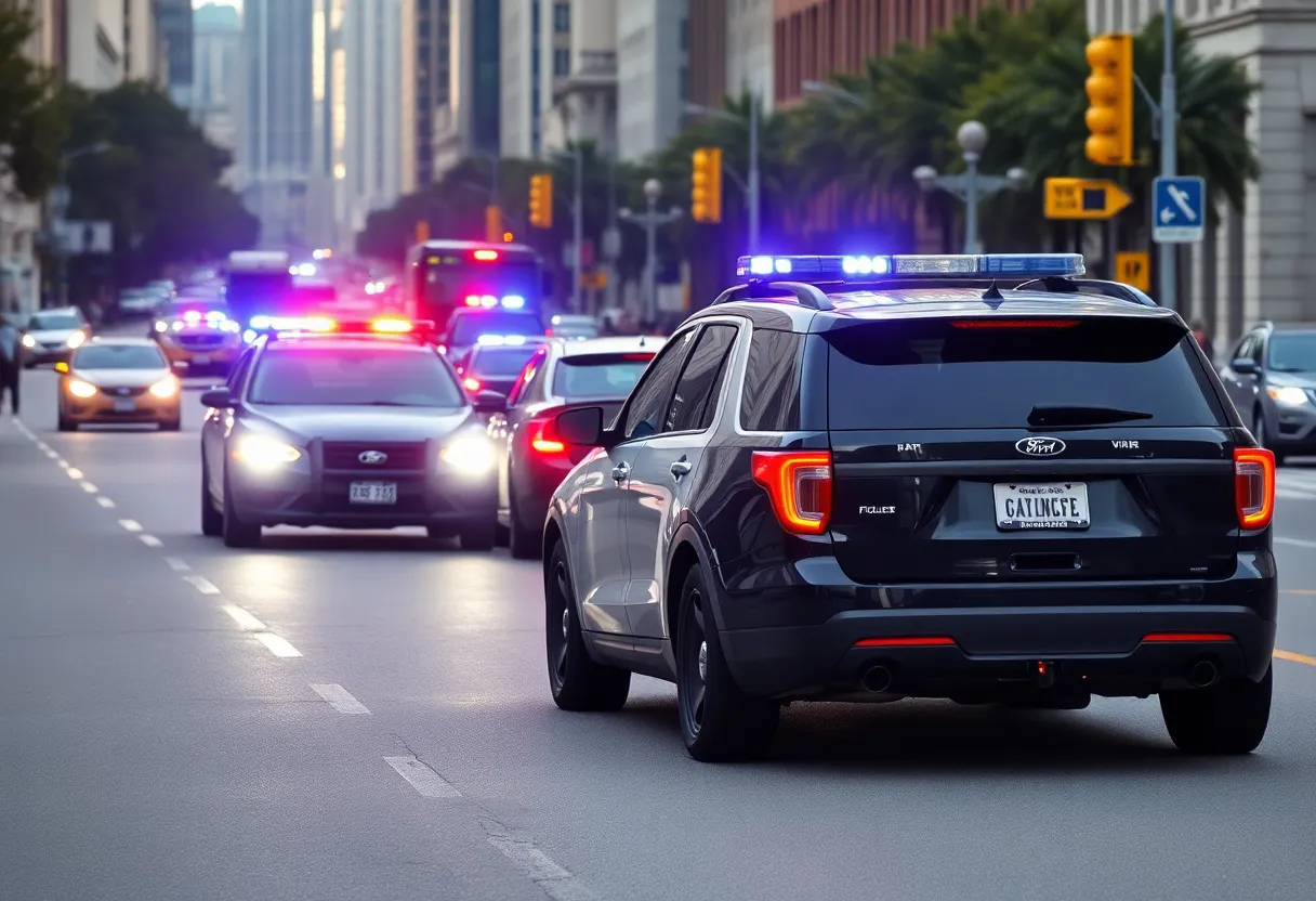 Police vehicles chasing a suspect in Charlotte city streets