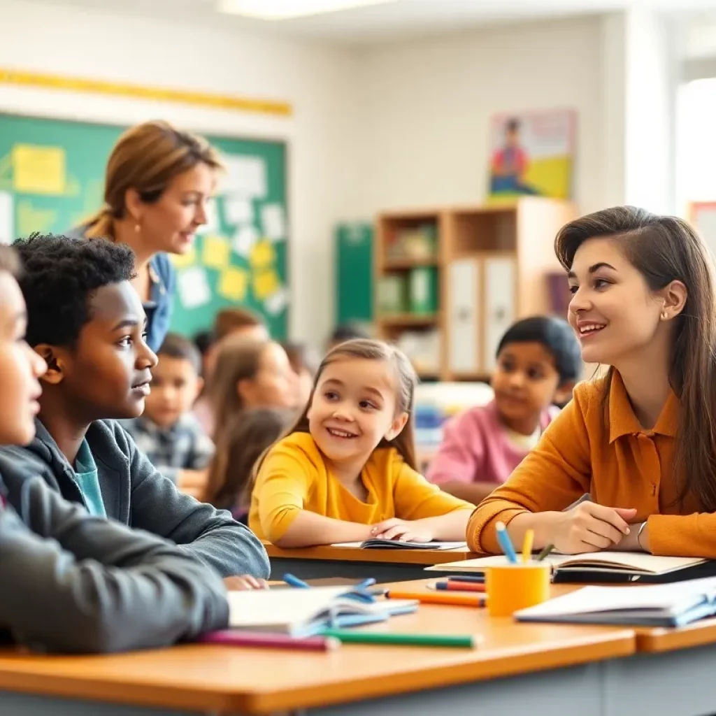 Students and teacher collaborating in a classroom