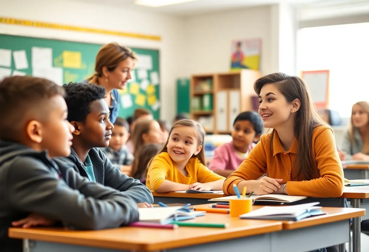 Students and teacher collaborating in a classroom