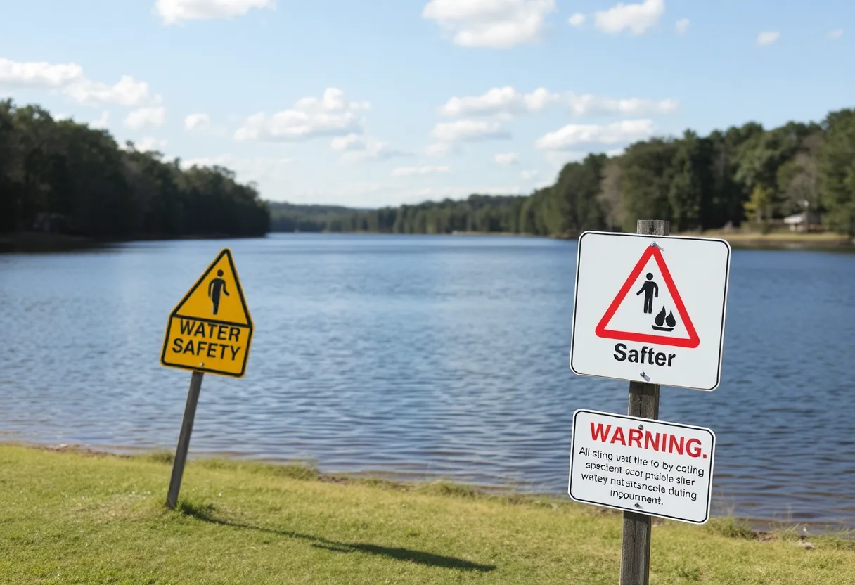 View of a lake in Southeast Charlotte with safety signs.