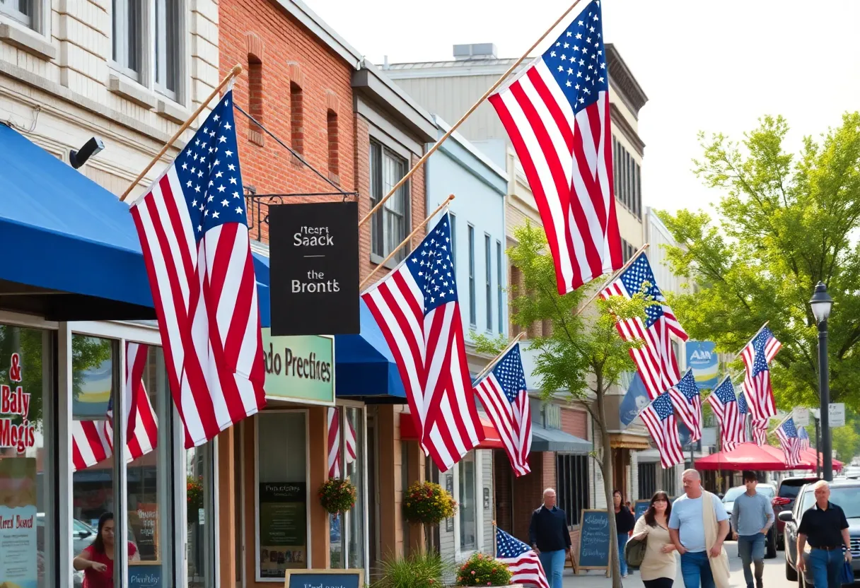 Small business district with American flags representing support for domestic production