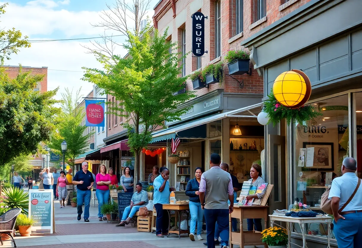 A bustling street in Charlotte with various minority-owned businesses.