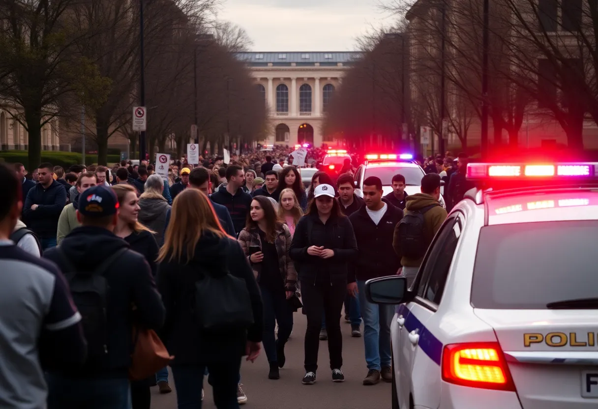 University campus during a swatting incident with police presence.