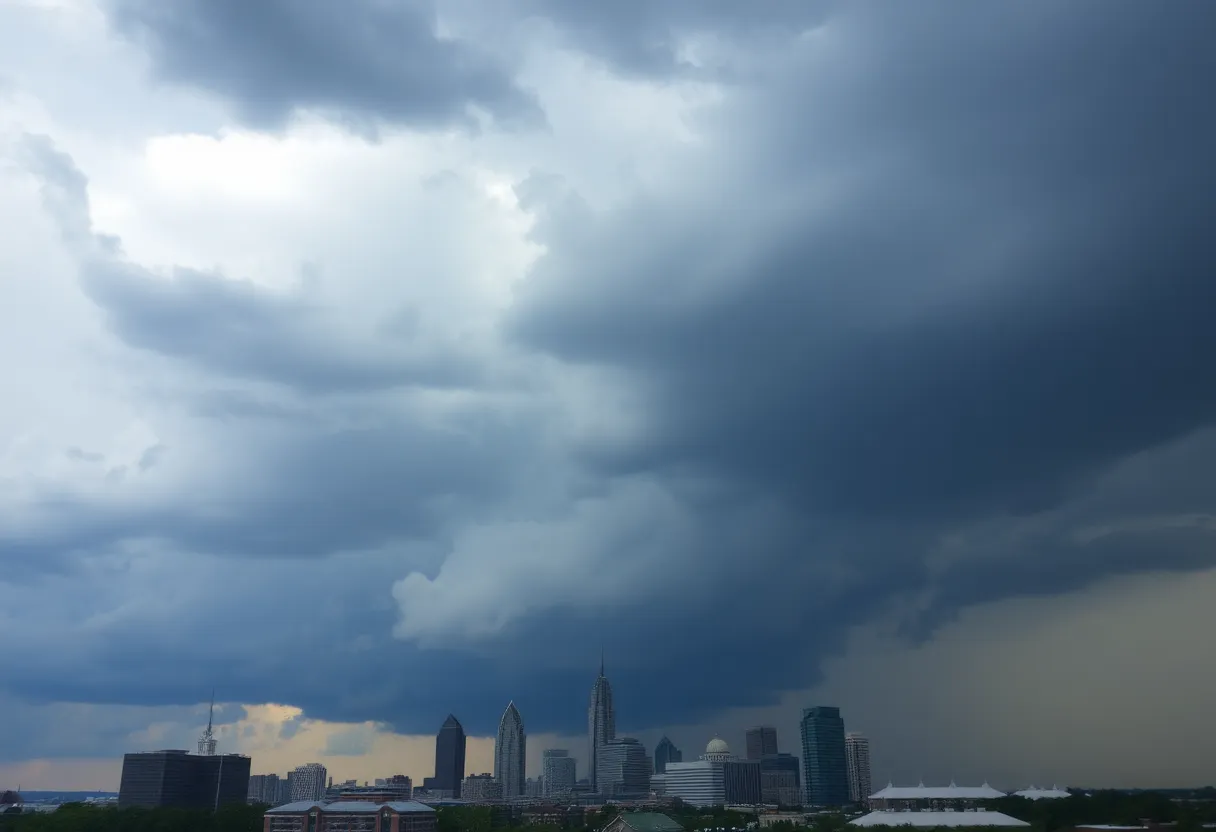 Approaching thunderstorm clouds over Charlotte, North Carolina skyline