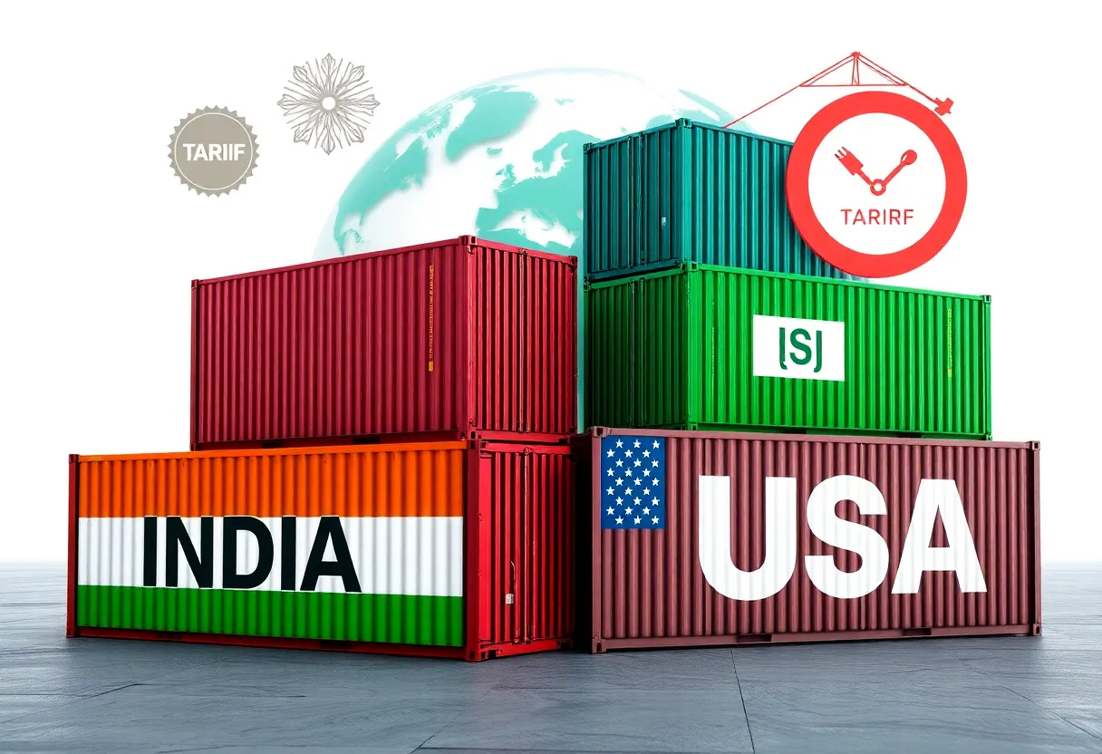 Illustration of shipping containers representing US and Indian trade with tariff symbols.