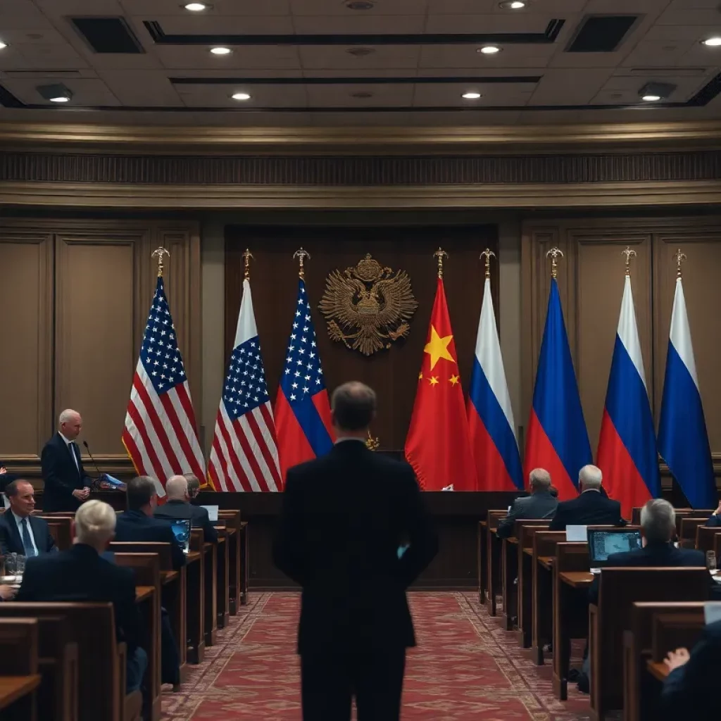 Geopolitical summit with US and Russian flags
