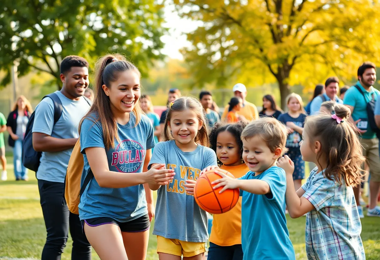 Children and college students participating in sports activities at a community event.