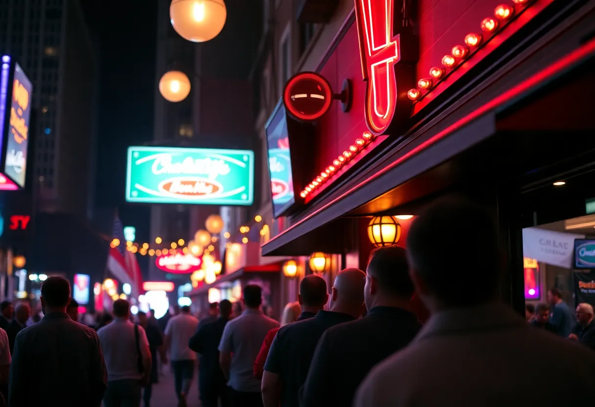 Vibrant nightlife scene in Uptown Charlotte near a bar
