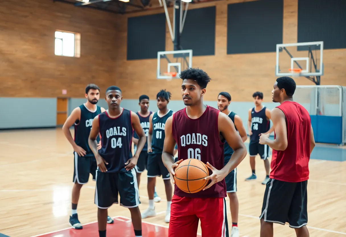 49ers men's basketball team practicing on the court