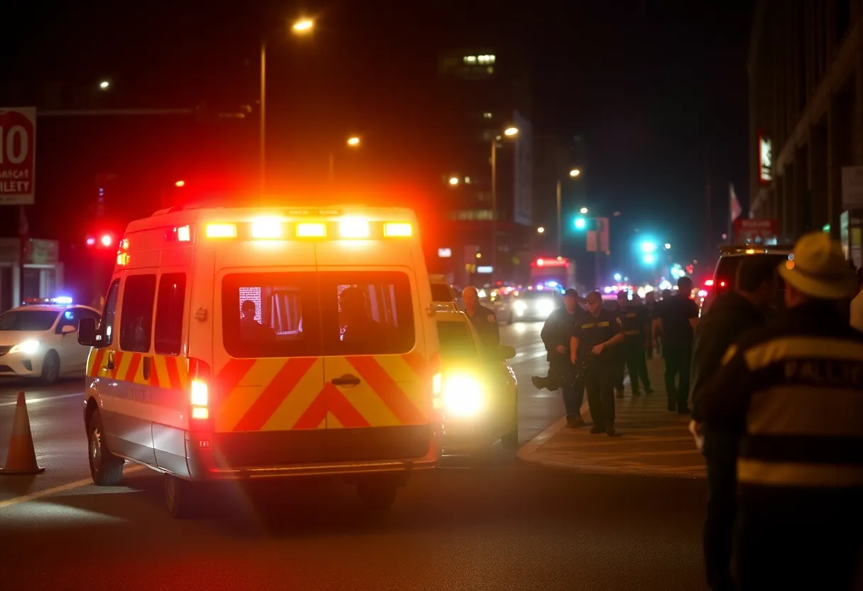 Ambulance in Uptown Charlotte with police presence