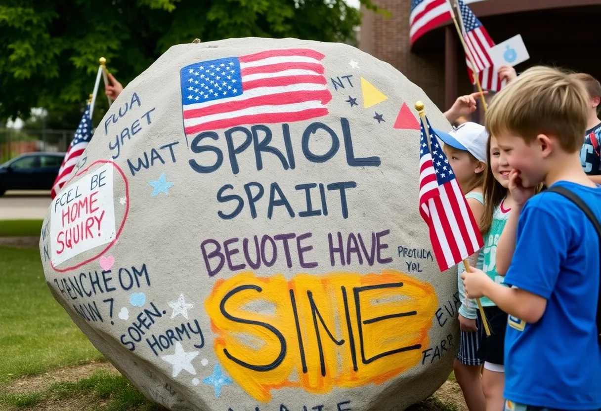 Vandalized spirit rock at Ardrey Kell High School with messages and an American flag