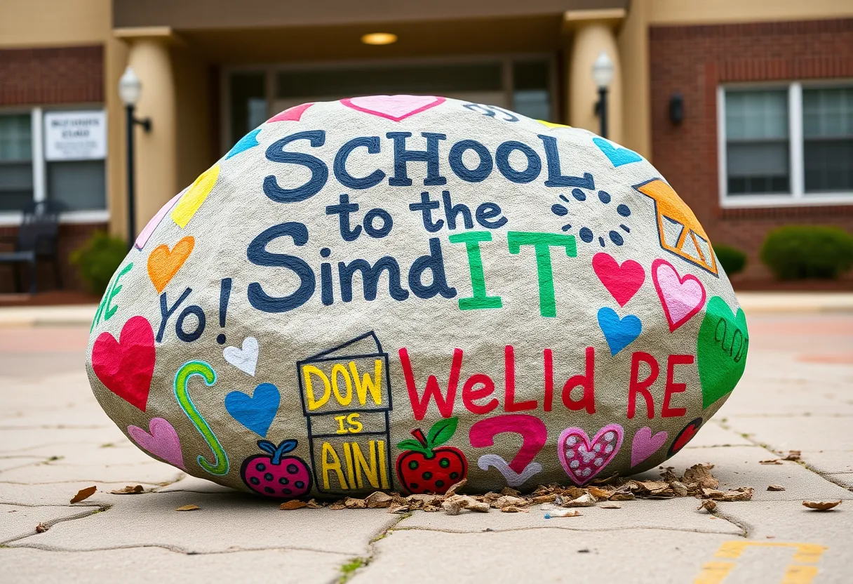 Spirit rock at Ardrey Kell High School with positive messages
