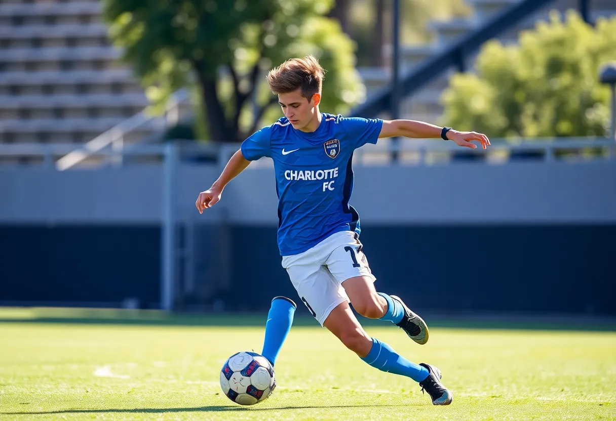 Young soccer player in Charlotte FC colors on the field