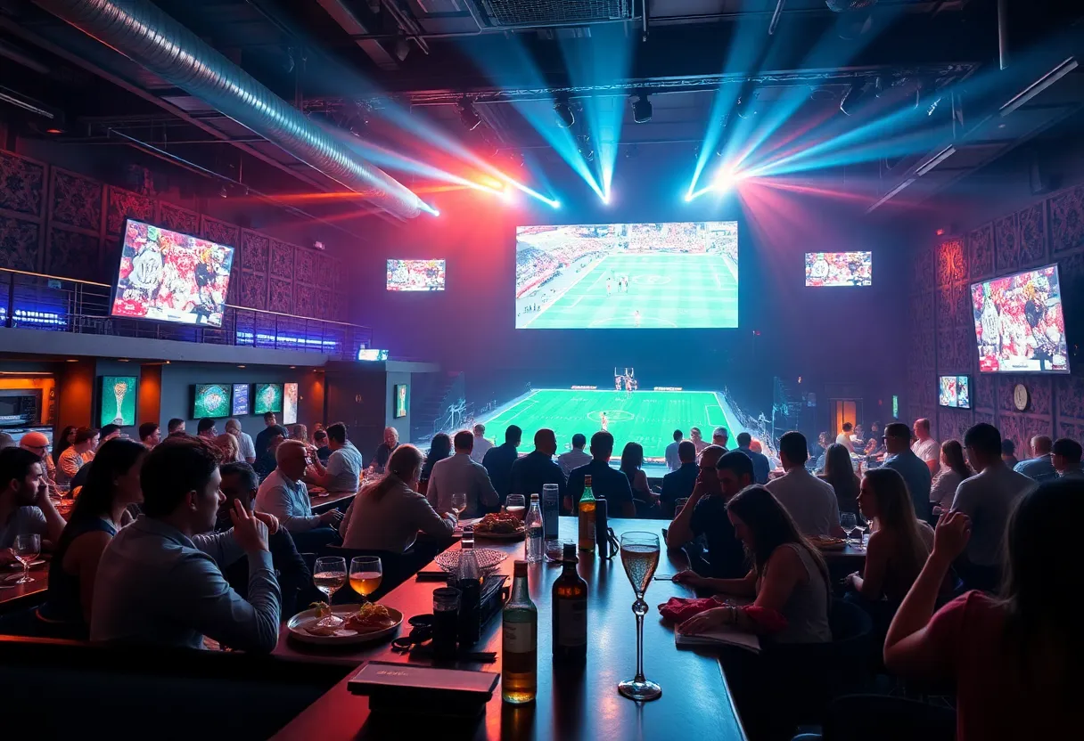 Interior of Blinders sports bar with large screen and patrons