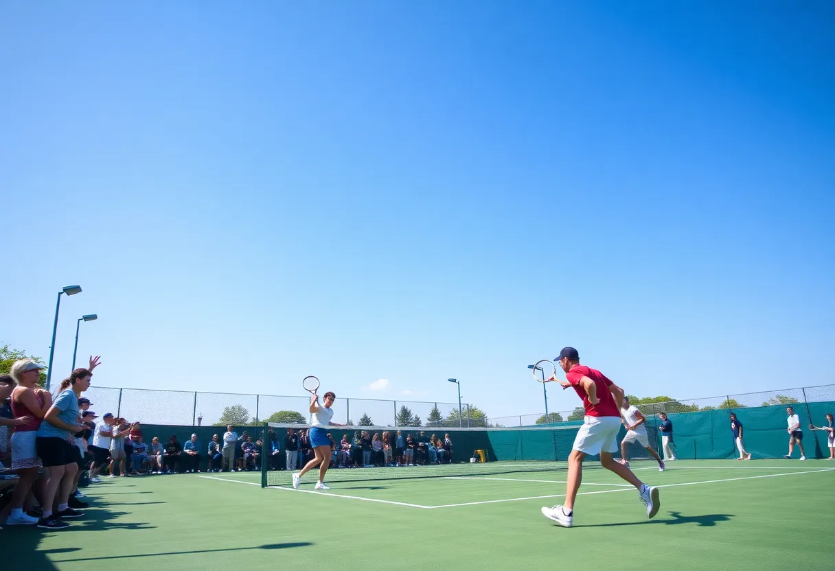 Tennis players competing in an outdoor match at a championship event.