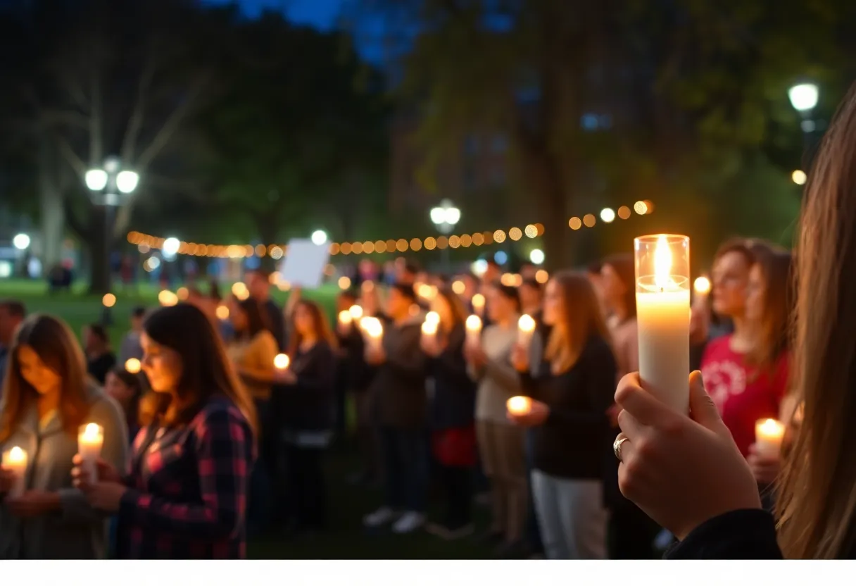 Community members holding candles during a vigil