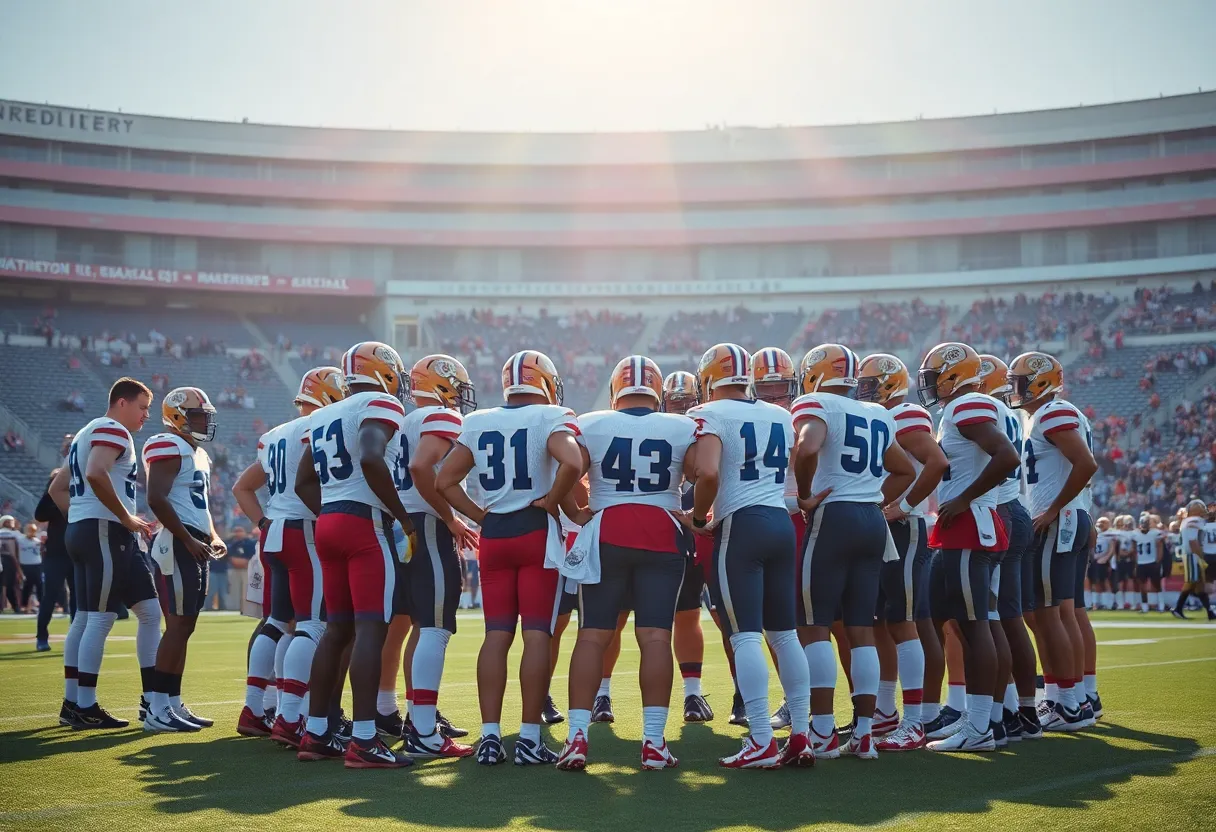 The Carolina Panthers team in a huddle during practice