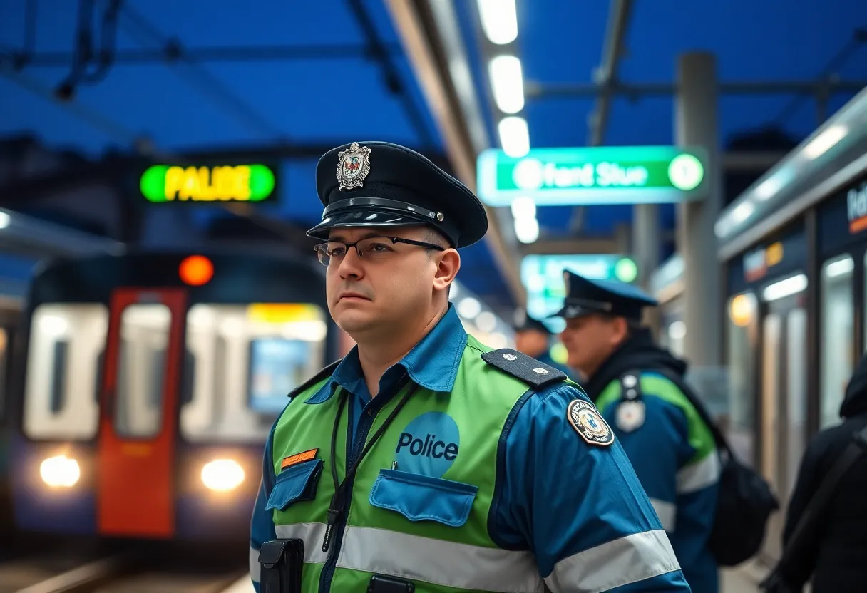 Security personnel overseeing safety at a light rail station