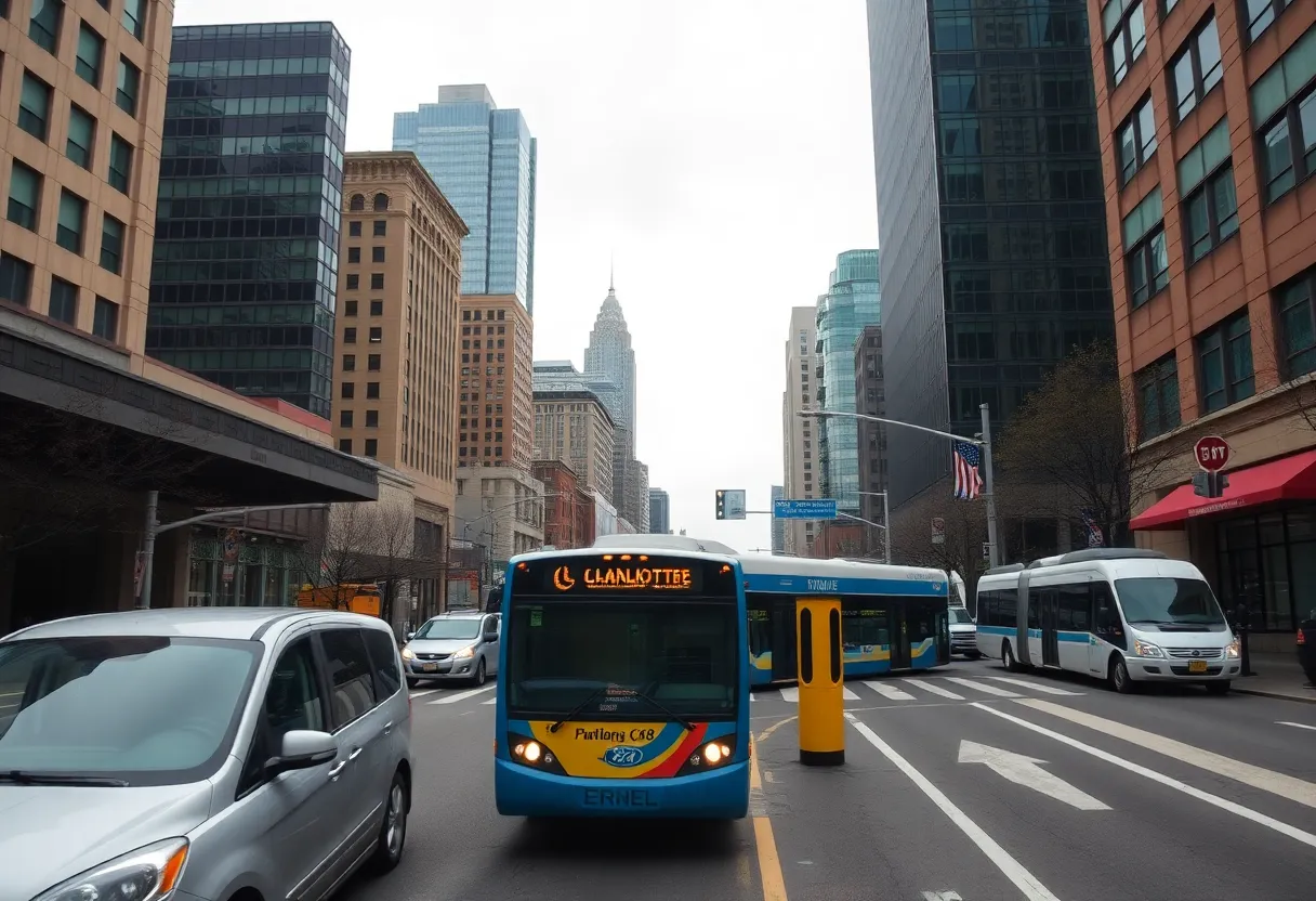Cityscape view of Charlotte highlighting public transport.