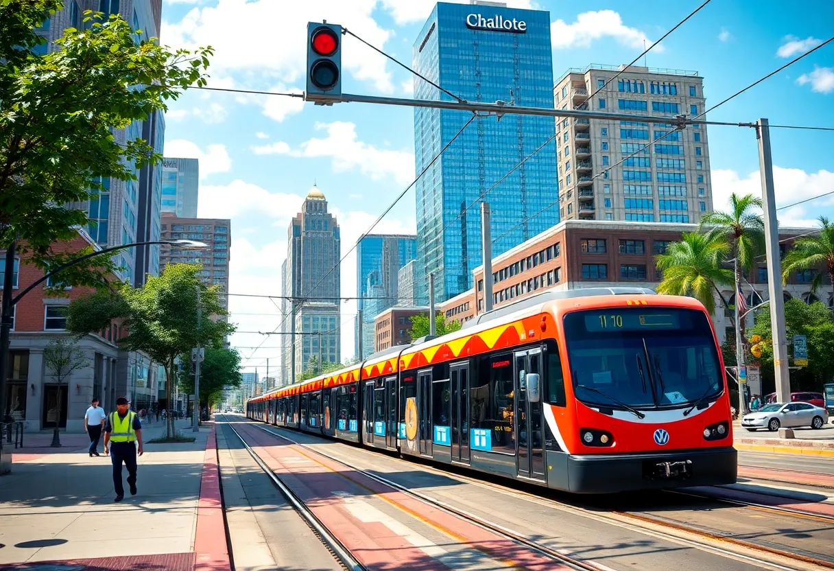 Cityscape of Charlotte, NC with light rail and urban development
