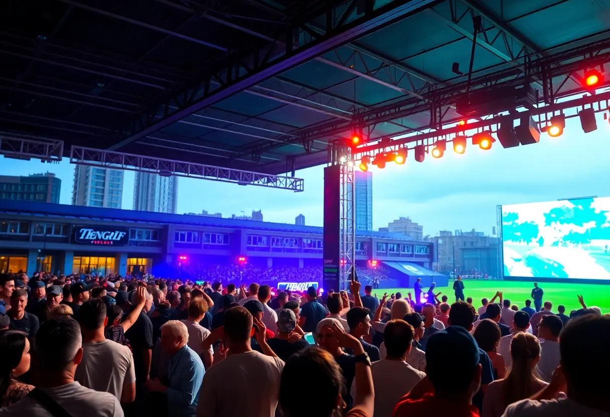 A lively concert in Charlotte with a golf tournament happening in the background.