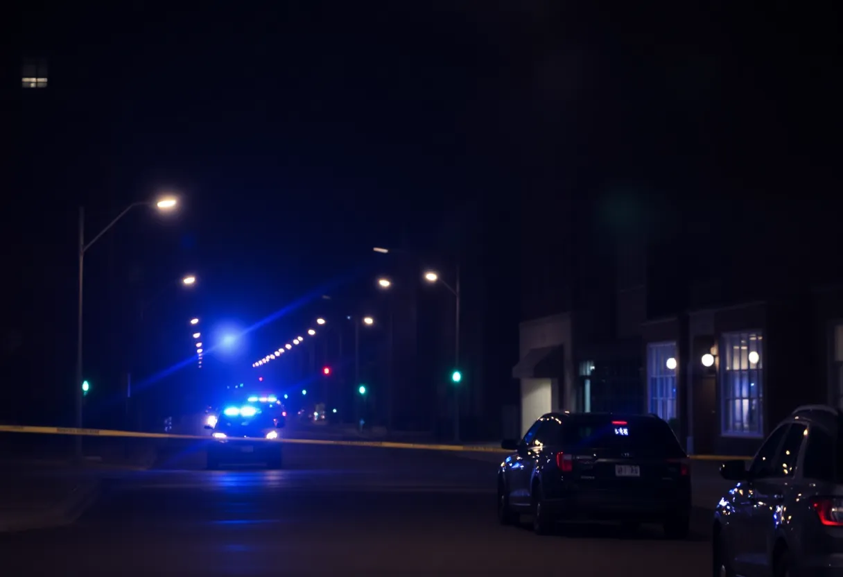 Police lights in an urban Charlotte neighborhood at night.