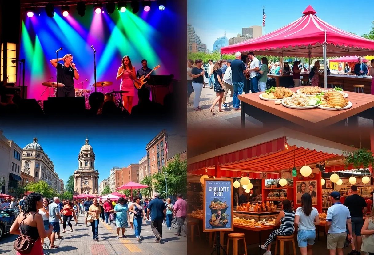 Collage of exciting events in Charlotte including music, food, and theater.