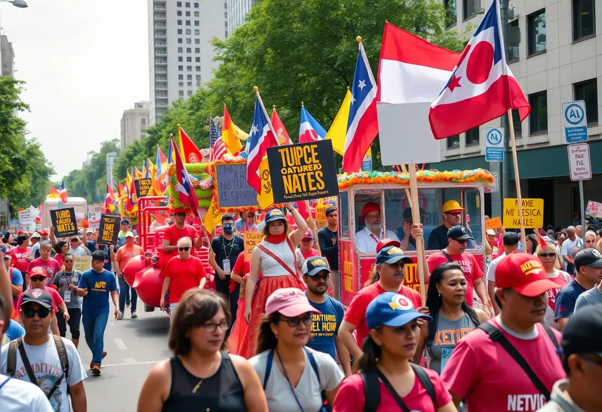 A lively parade in Uptown Charlotte celebrating Labor Day with various floats and marchers.