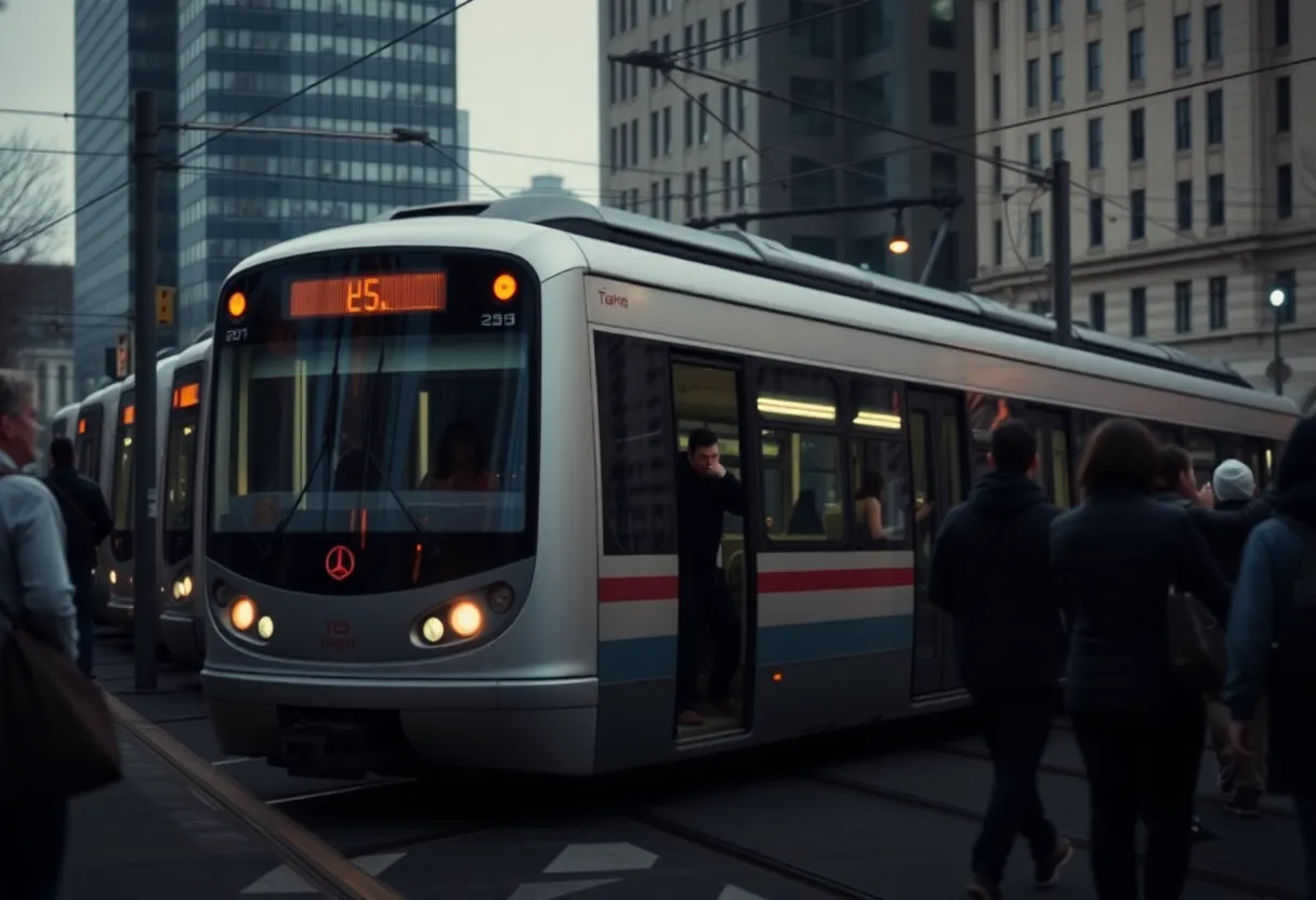 Light rail train in Charlotte with a somber atmosphere