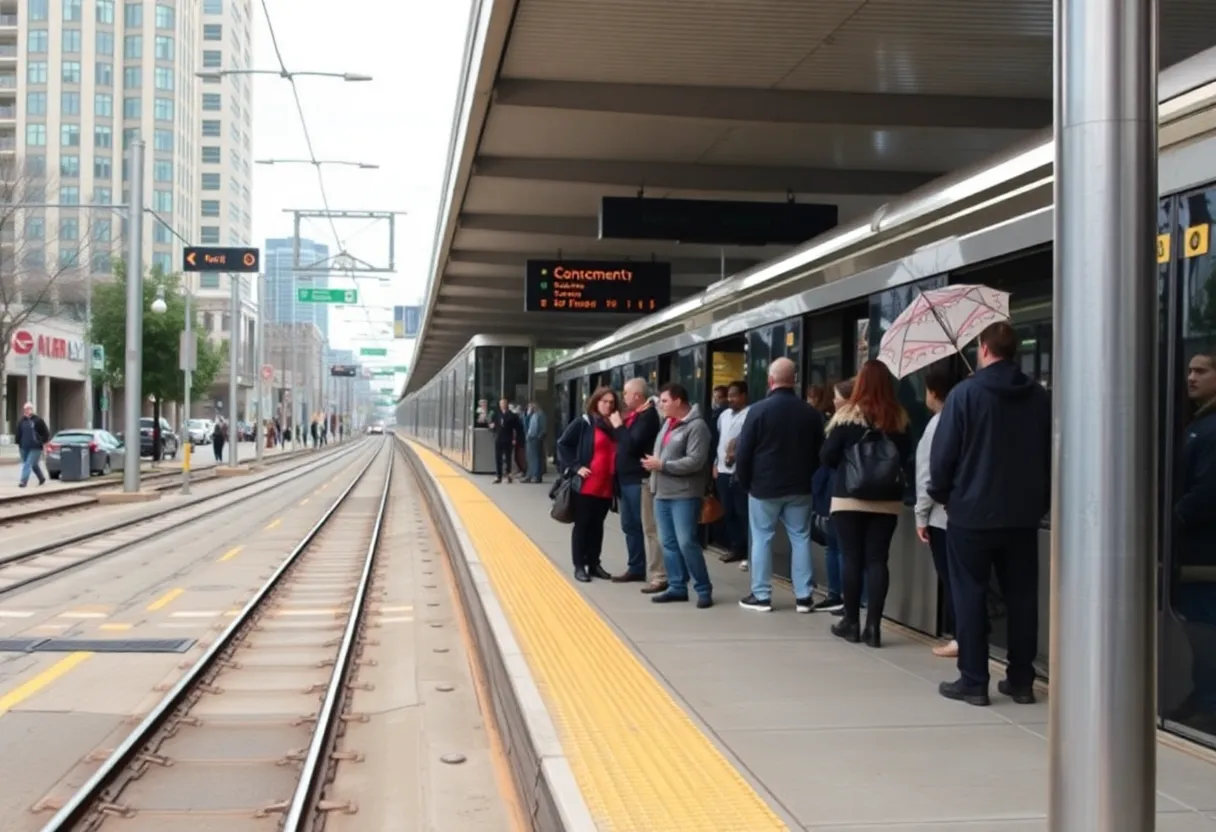 Busy light rail station in Charlotte, North Carolina