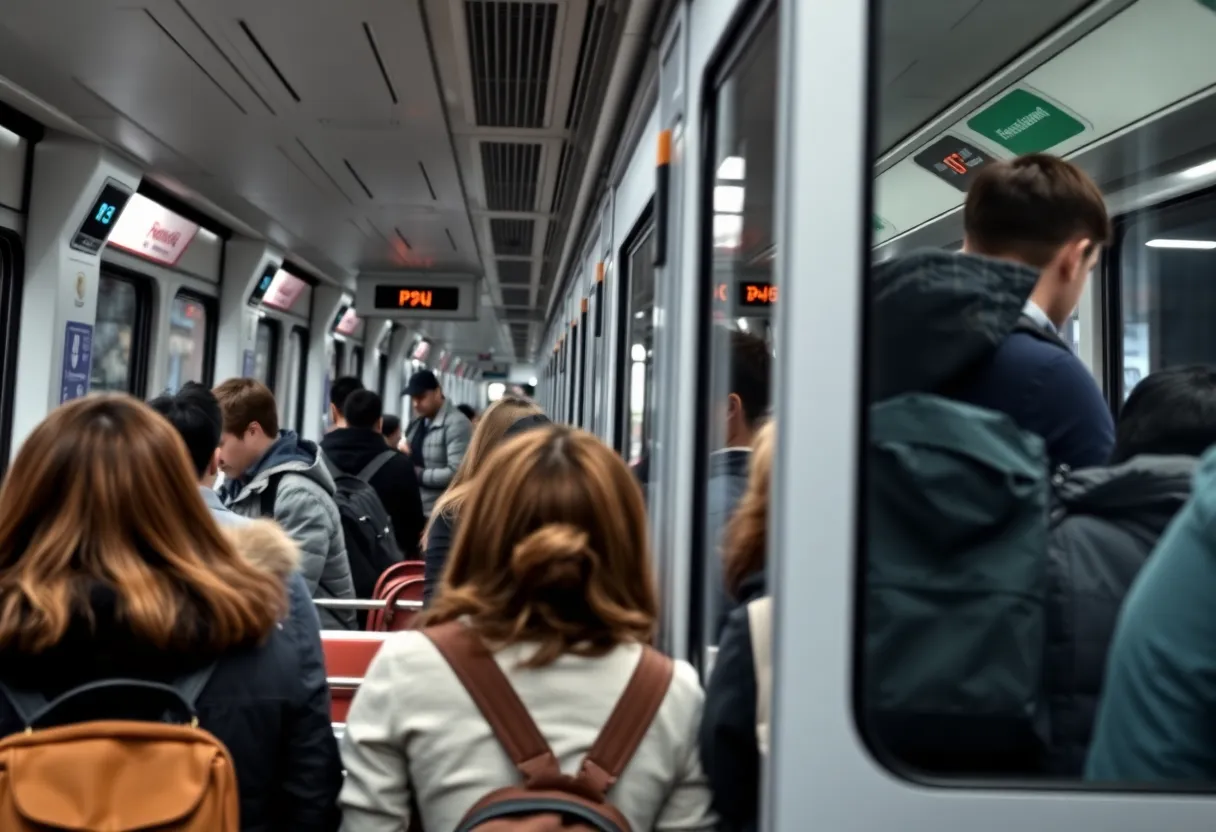 Crowded light rail train in Charlotte, NC