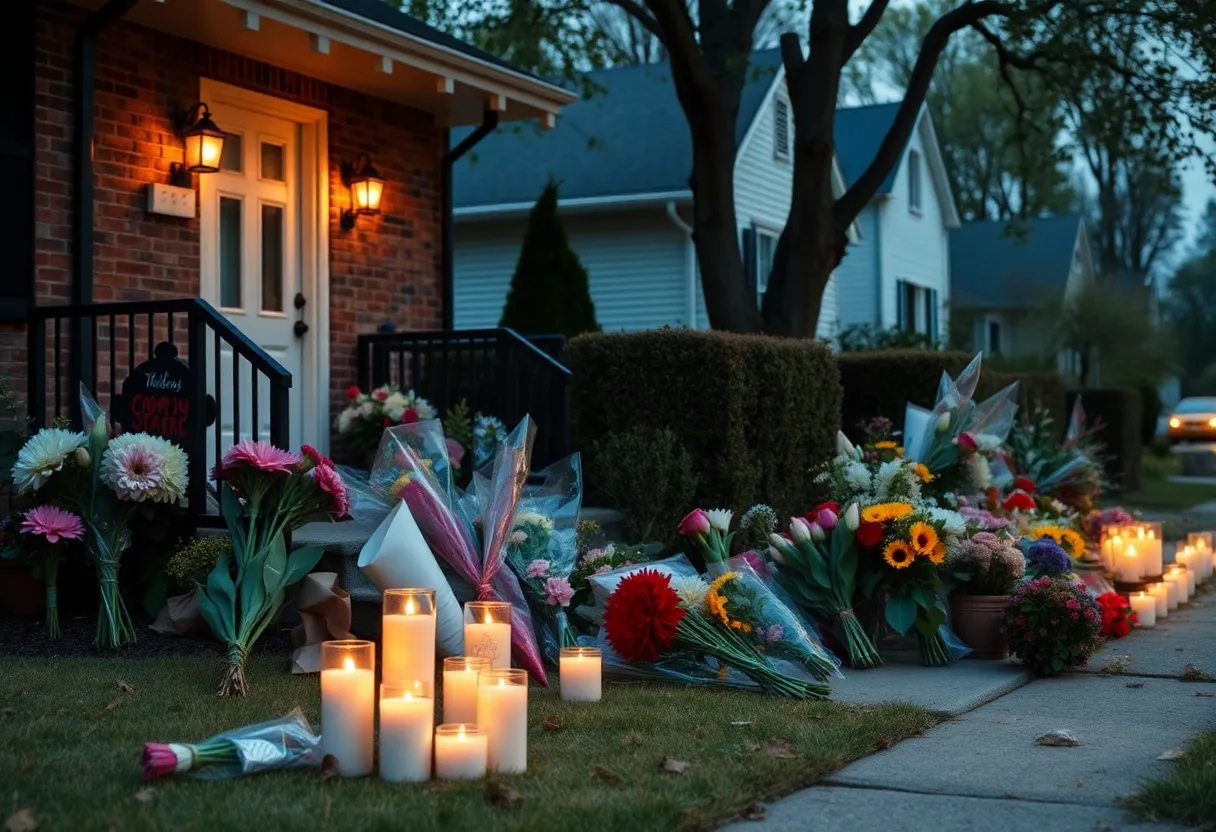 Neighborhood in Charlotte displaying flowers and candles in remembrance of a shooting victim.