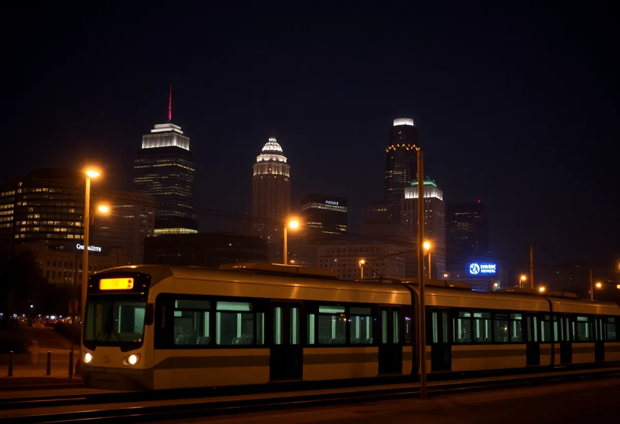 View of Charlotte including a light rail train at night