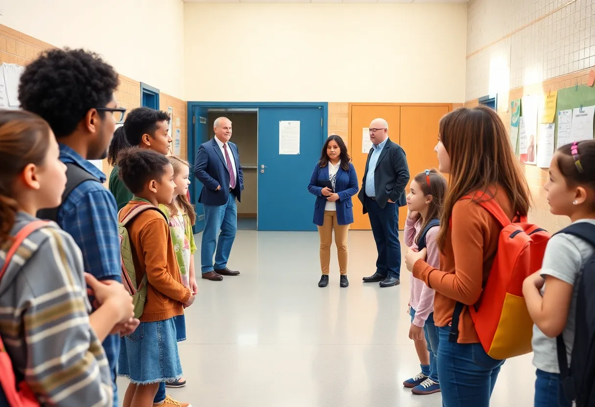 Students and school officials engaged in a safety discussion.