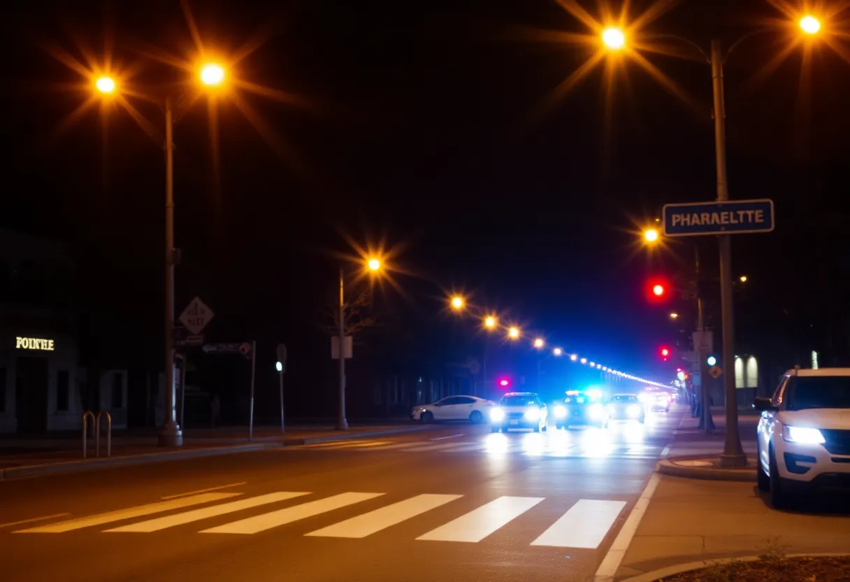 Nighttime scene in Charlotte with police presence