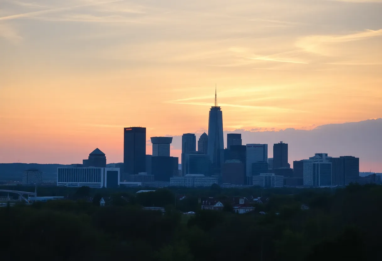 A beautiful view of the Charlotte skyline during sunset.