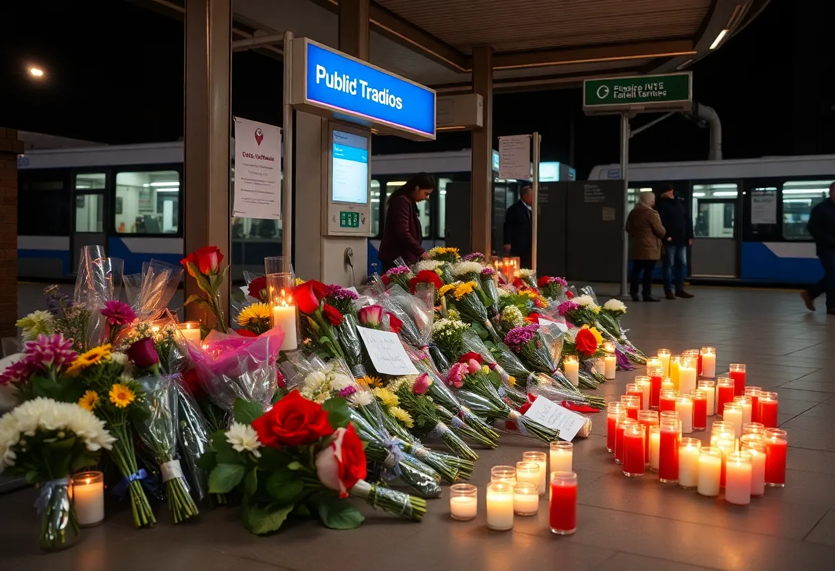 Community memorial for the victim of a fatal stabbing incident at a public transport station.